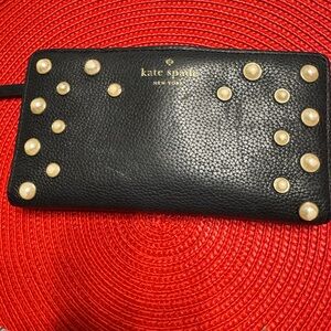 Kate Spade Black Leather Wallet with pearl studs and snap closure
